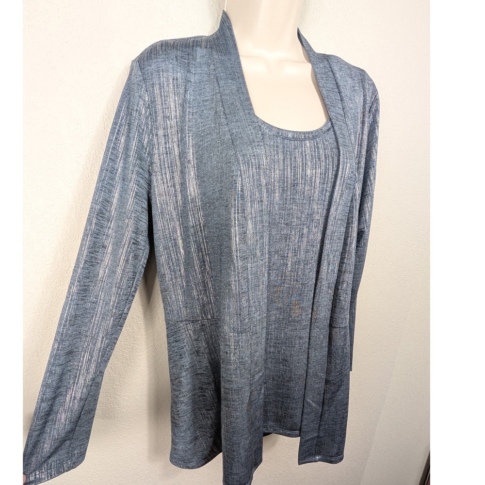 Susan Graver Blue Metallic Stripe Knit Tank & Cardigan Set Women's Size S/M